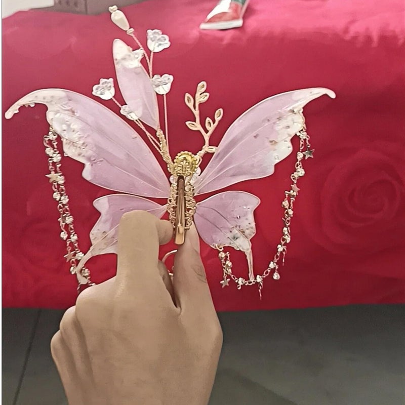 Treayes Fairy Butterfly Hair Clip - Pink Butterfly Wings Hair Accessories with Tassel Elven Hair Clamp Elf Claw Clip for Photoshoot Prom Wedding Fantasy Costume Cosplay,Lightweight and Durable - Image 3